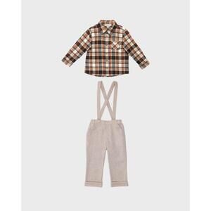 NEW PURETE boy's herringbone overall pants with plaid button up set in taupe